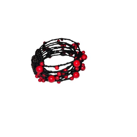 Iris Apfel & Bajalia Contempo Criss Cross Rope Wrap Wire Red Coral Cuff - Picture 2 of 7